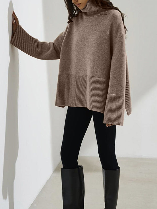 Pleated Solid Color Split-Side Long Sleeves Loose High Neck Sweater Tops