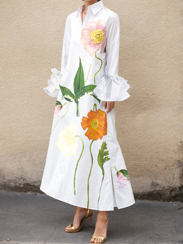 Floral Printed Split-Joint Split-side A-line Flared Sleeves Lapel Collar Shirt Dress Maxi Dresses