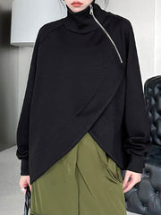 Asymmetric Split-Joint Zipper Long Sleeves Loose High Neck Sweatshirt Tops