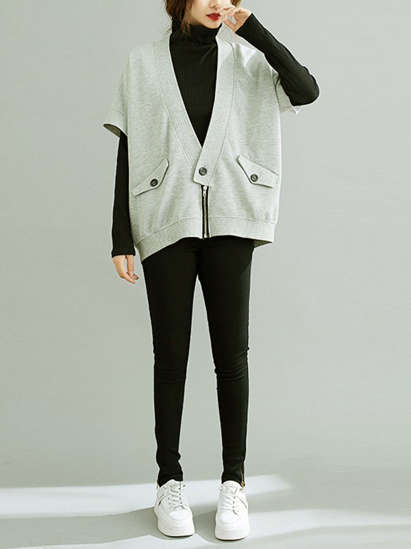 Zipper Batwing Sleeves Half Sleeves V-Neck Vest Top