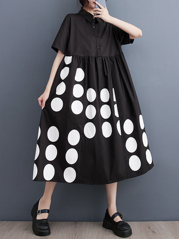 Buttoned Pockets Polka Dot Printed A-line Loose Lapel Midi Dresses
