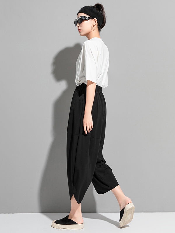 Original Solid Color Elasticity Waist Harem Capri-Pants