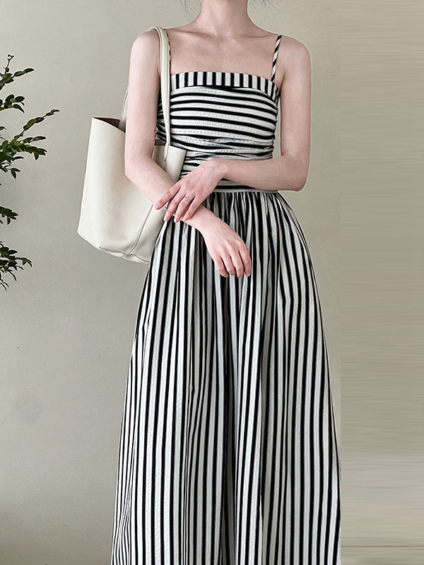 Pleated Split-Joint Striped Loose Sleeveless Spaghetti-Neck Midi Dresses
