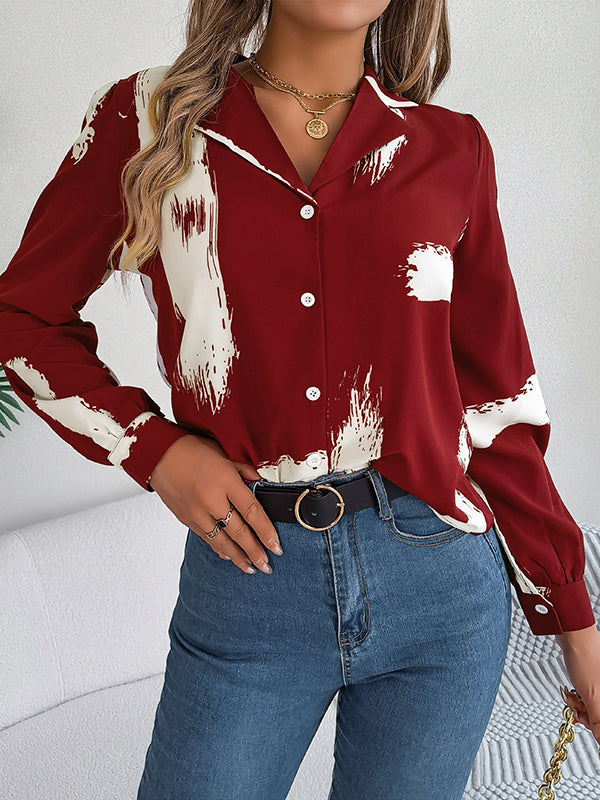 Buttoned Printed Long Sleeves Loose Notched Collar Blouses&Shirts Tops