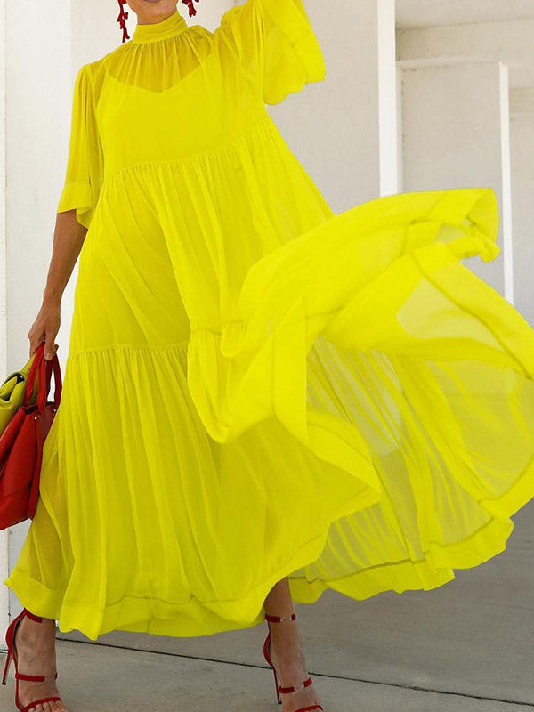 Solid Color Loose Plus Size Split-Joint Inner Dress + Mock Neck Mesh Pleated Outer Dress Two Pieces Set