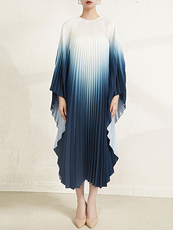 Gradient Pleated Batwing Sleeves Loose Round-Neck Midi Dresses