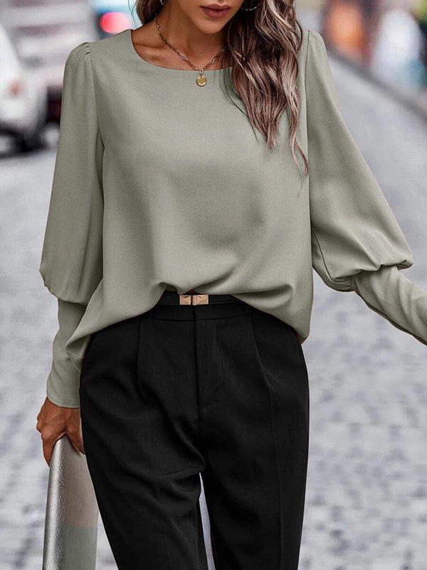 Buttoned Pleated Solid Color Long Sleeves Loose Round-Neck Blouses&Shirts Tops