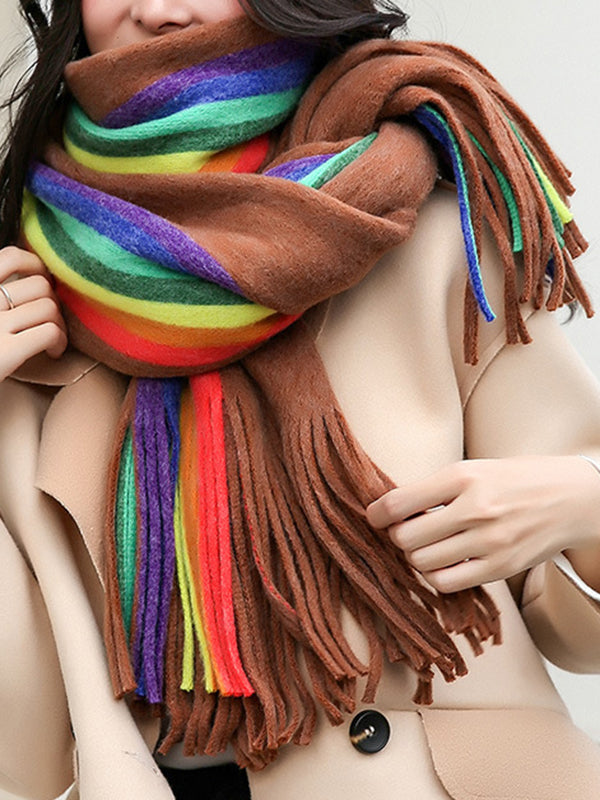 Contrast Color Keep Warm Multi-Colored Tasseled Scarf