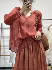 Pleated Solid Color Long Sleeves Loose V-neck Blouses&shirts Tops