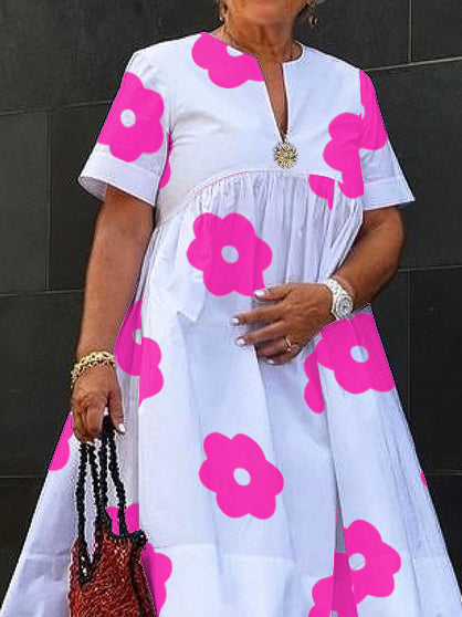 Flower Print Pleated Split-Joint A-Line Loose Round-Neck Midi Dresses