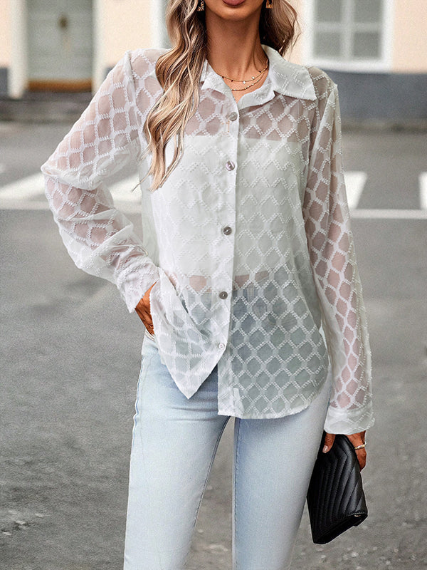 Buttoned Jacquard Mesh See-Through Long Sleeves Loose Lapel Blouses&Shirts Tops