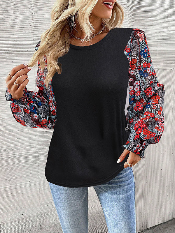 Flower Print Split-Joint Long Sleeves Loose Round-neck Blouses&shirts Tops