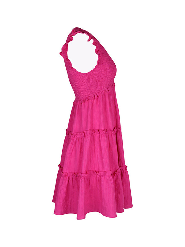 Pleated Ruffle Trim Solid Color Split-Joint Loose Sleeveless Deep V-Neck Mini Dresses