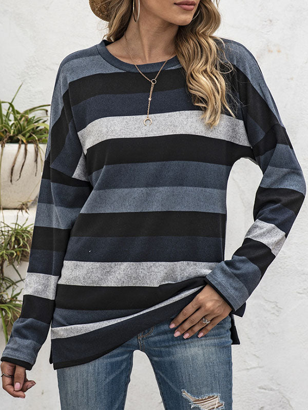 Split-side Striped Long Sleeves Loose Round-neck Sweatshirt Tops