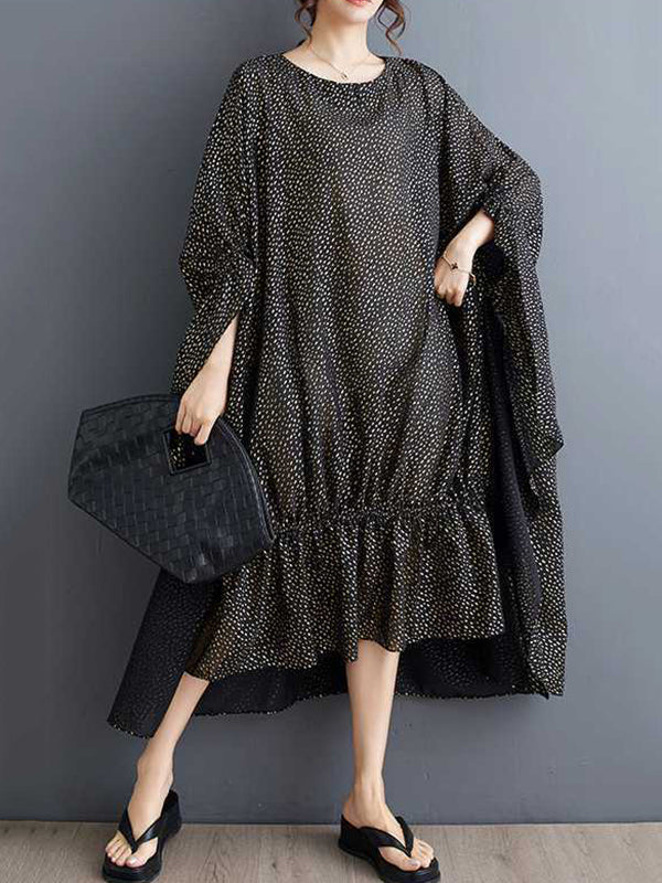 Elasticity Polka-Dot Split-Joint Batwing Sleeves Half Sleeves Round-Neck Midi Dresses