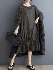 Elasticity Polka-Dot Split-Joint Batwing Sleeves Half Sleeves Round-Neck Midi Dresses