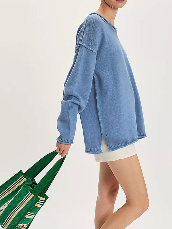 Solid Color Split-Joint Long Sleeves Loose Round-neck Sweater Tops