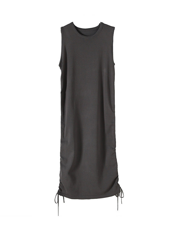 Drawstring Solid Color Loose Sleeveless Round-Neck Mini Dresses