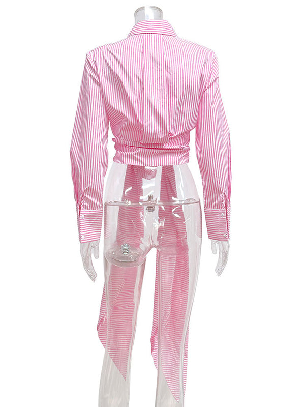 Asymmetric Split-Joint Striped Long Sleeves Loose Lapel Blouses