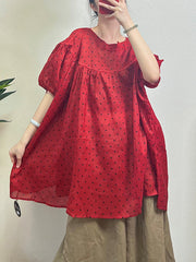 Polka-Dot Split-Joint Half Sleeves Loose Round-neck Blouses&shirts Tops