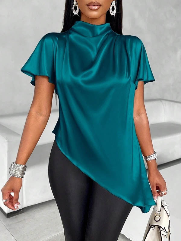Asymmetric Solid Color Loose Short Sleeves Mock Neck Blouses&Shirts Tops