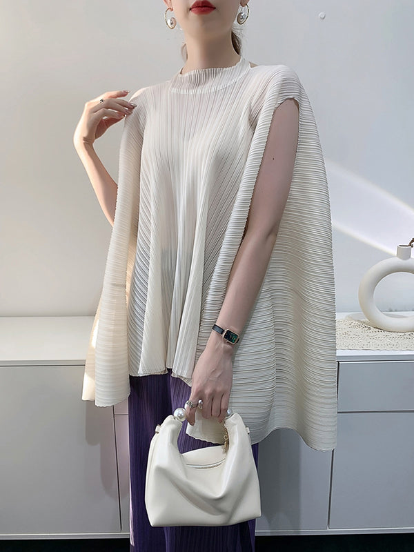 Pleated Solid Color Loose Sleeveless Halter-Neck T-Shirts Tops