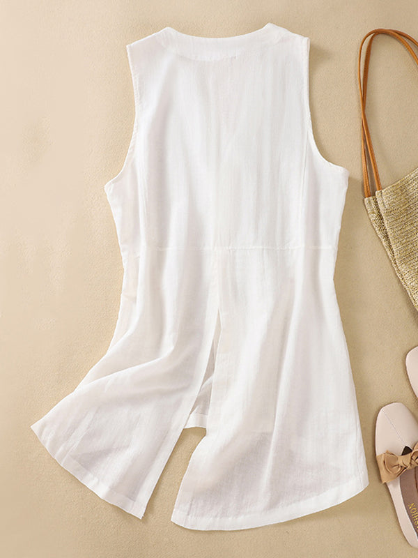 Buttoned Solid Color Loose Sleeveless V-neck Vest Top