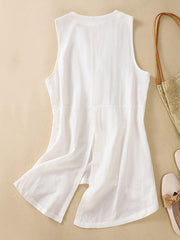 Buttoned Solid Color Loose Sleeveless V-neck Vest Top