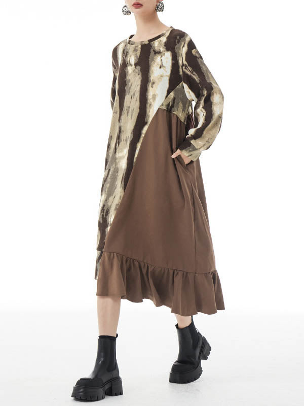 Asymmetric Contrast Color Ruffled Split-Joint Long Sleeves Loose Round-Neck Midi Dresses