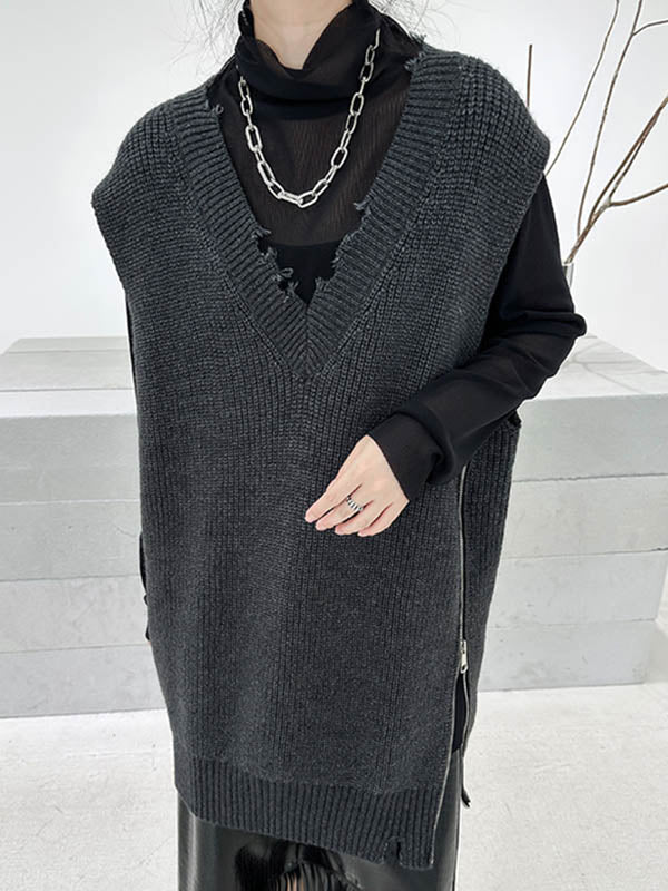 Asymmetric Split-Side Zipper Loose Sleeveless V-Neck Vest Outerwear