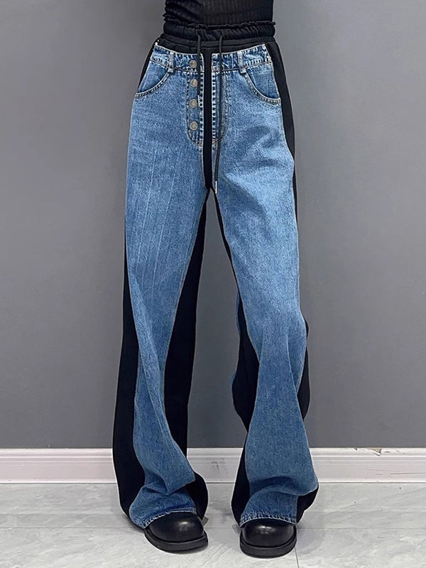 Buttoned Contrast Color Drawstring Elasticity Split-Joint Loose Straight Leg Trousers Pants