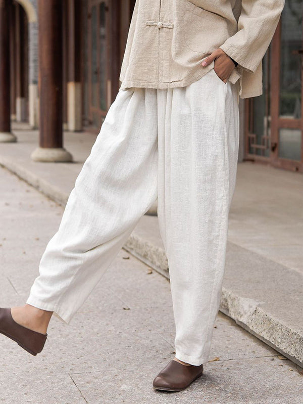 Simple Casual Loose Solid Color Ramie Cotton Pants