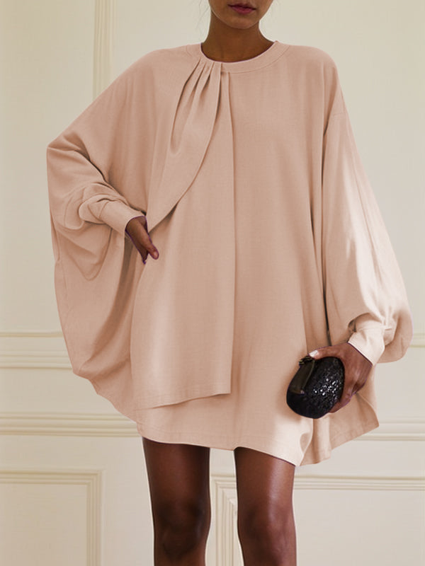 Pleated Solid Color Batwing Sleeves Long Sleeves Round-neck Mini Dresses