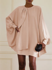 Pleated Solid Color Batwing Sleeves Long Sleeves Round-neck Mini Dresses
