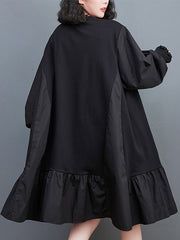 Pleated Solid Color Split-Joint Loose Puff Sleeves Round-neck Midi Dresses