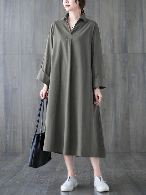 Buttoned Solid Color A-Line Long Sleeves Lapel Shirt Dress Midi Dresses