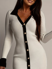 Buttoned Contrast Color Ruffled Bodycon High Waisted V-Neck Mini Dresses Knit Dresses