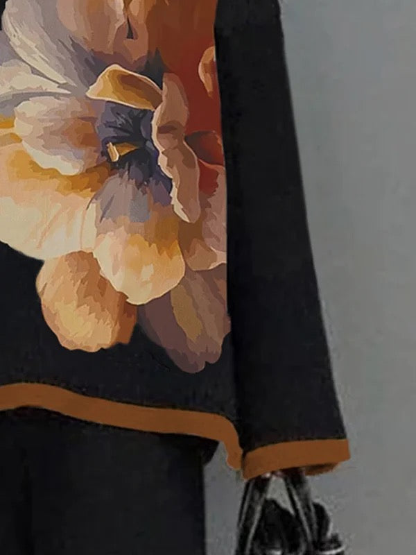 Flower Print Split-Joint Flared Sleeves Long Sleeves Mock Neck T-Shirts Tops