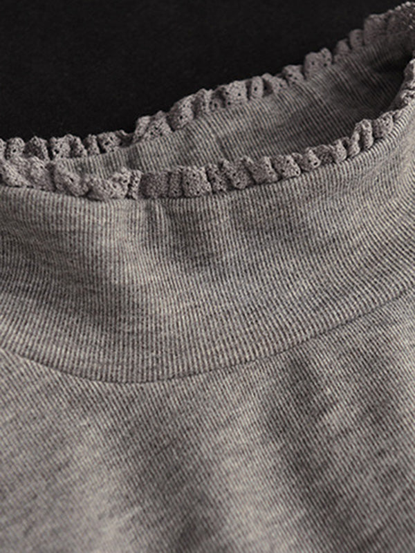 Simple Loose Long Sleeves Embroidered Falbala Solid Color High-Neck T-Shirts Tops