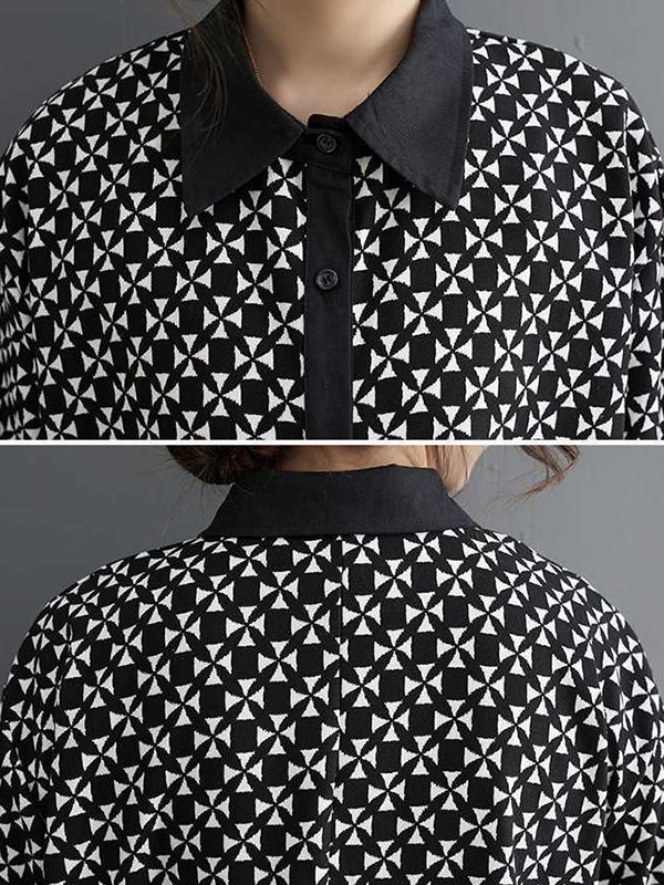 Asymmetric Buttoned Pleated Printed Split-Joint A-Line Long Sleeves Lapel Midi Dresses