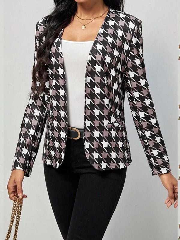 Houndstooth Pockets Long Sleeves Loose V-neck Outerwear Blazer