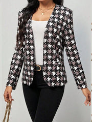 Houndstooth Pockets Long Sleeves Loose V-neck Outerwear Blazer