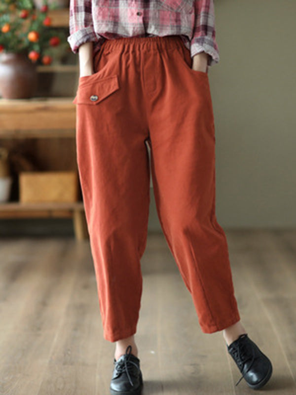 Artistic Retro Loose Solid Color Elasticity Casual Harem Pants Bottoms