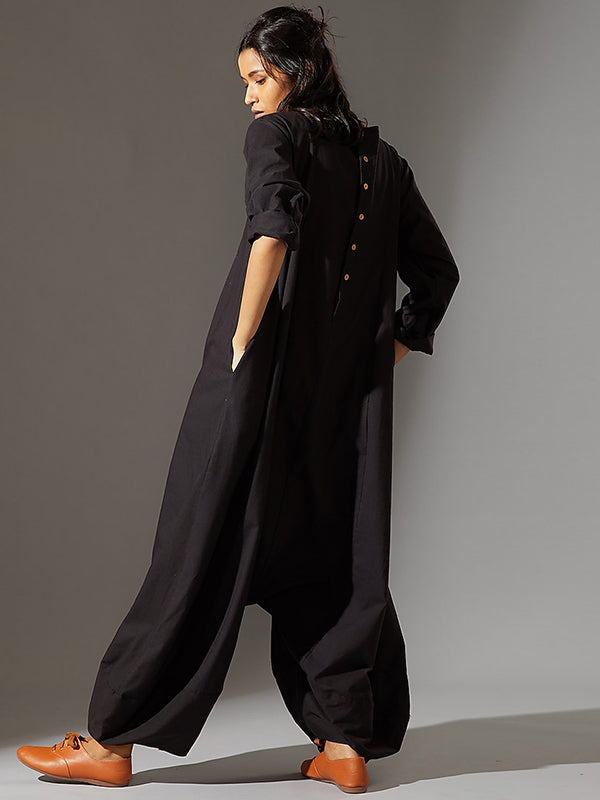 Casual Loose Long Sleeves Solid Color Boat Neck Jumpsuits