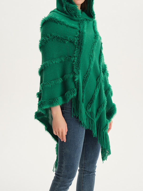 Hooded Keep Warm Solid Color Tasseled Shawl&Cloak Cape