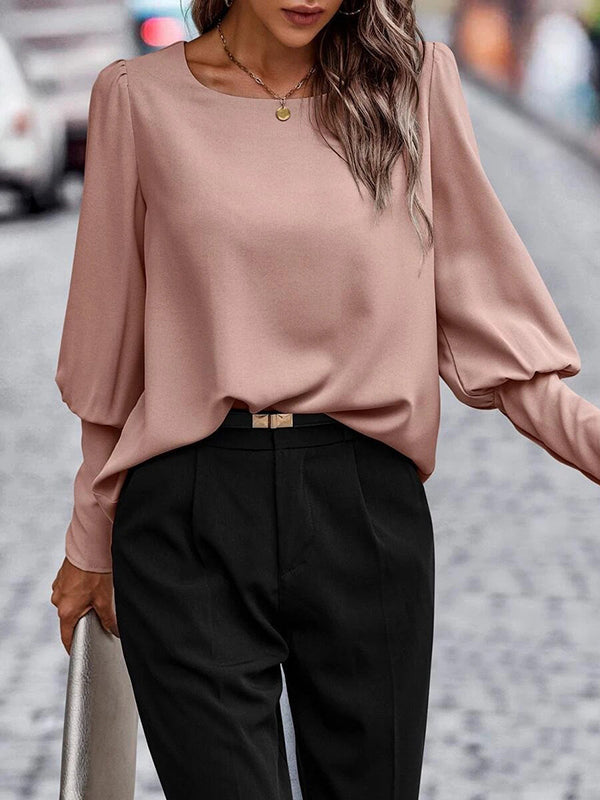 Buttoned Pleated Solid Color Long Sleeves Loose Round-Neck Blouses&Shirts Tops