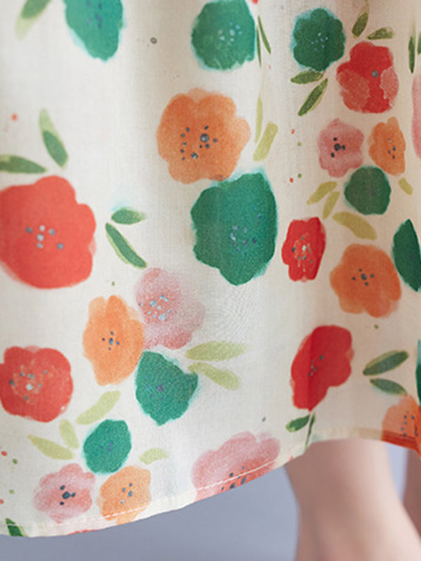 Floral Printed Pleated Split-Joint Loose Sleeveless Round-Neck Midi Dresses