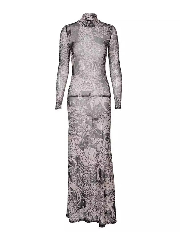 Printed See-Through Split-Joint Long Sleeves Skinny High Neck Maxi Dresses Evening Dresses