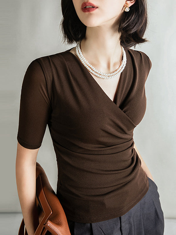 Pleated Solid Color Half Sleeves Skinny V-Neck T-Shirts Tops