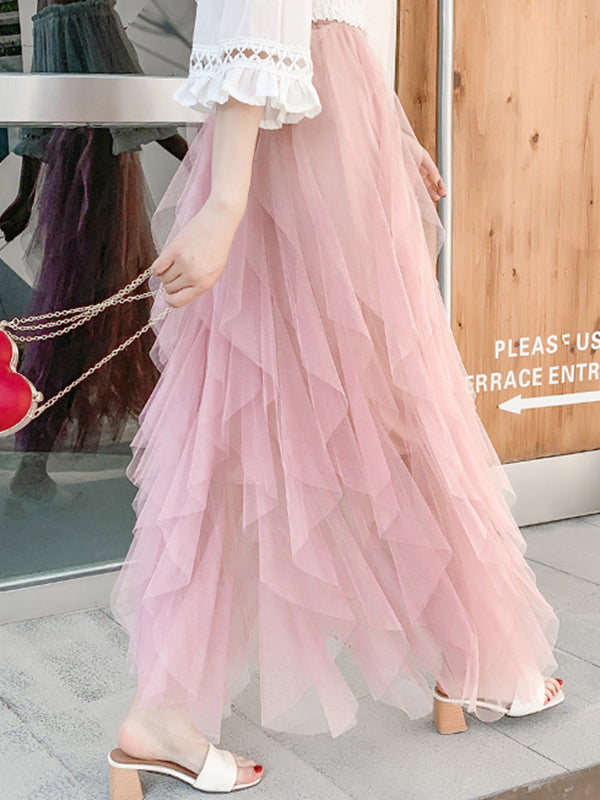 Original Stylish Irregular Mesh Solid Color Skirt